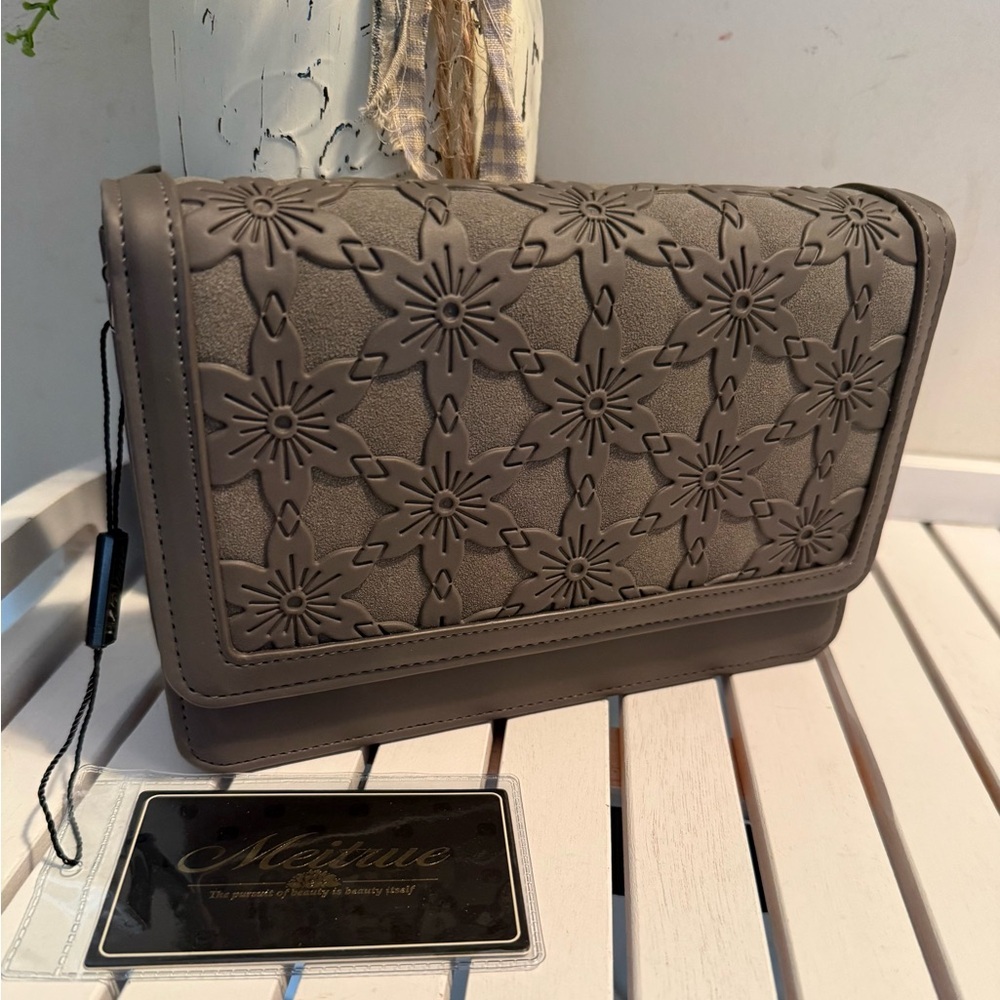 MEITRUE Gray Leather Crossbody Purse Embossed Tooled NWT